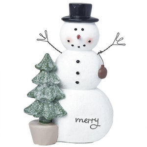 Frosted Merry Snowman Holding Ornament with Christmas Tree