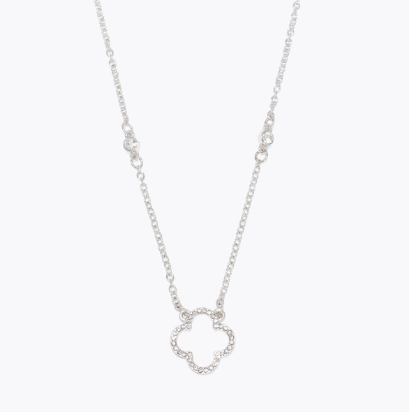Open Silver Crystal Studded Clover Necklace