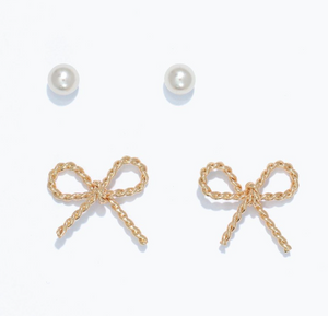 Pearl and Gold Bow Duo Earrings