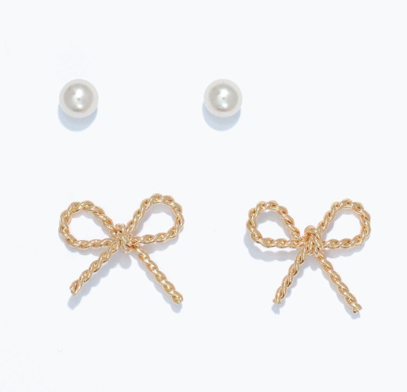 Pearl and Gold Bow Duo Earrings