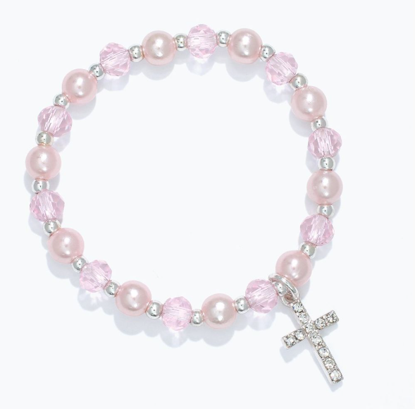 Pink Beaded Silver Cross Bracelet