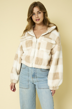 Load image into Gallery viewer, Fleece White-Taupe Plaid Zip-Up Jacket
