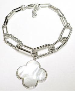 Rhodium White Clover Paperclip Bracelet