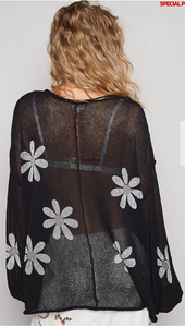 Floral Print Black Crochet Knit Top