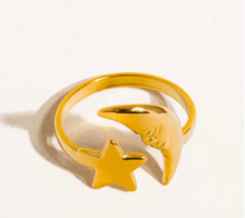 Load image into Gallery viewer, Tasa 18K Gold Non-Tarnish Star and Moon Ring

