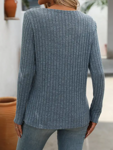 Button-Up V-Neck Sweater Striped Design Blue