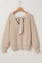 Load image into Gallery viewer, Lantern Sleeve V-Neck Knot Back Sweater Apricot
