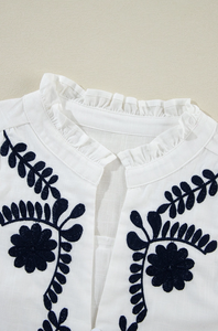 White Floral Embroidered Shirred Sleeve Elegant Shirt