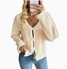 Load image into Gallery viewer, Contrast Trim Tie Front Knit Cardigan Sweater
