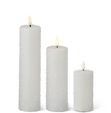 Load image into Gallery viewer, 3 Asst Size Slim White Snowy LED Pillar Candles With Timers
