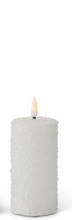 Load image into Gallery viewer, 3 Asst Size Slim White Snowy LED Pillar Candles With Timers
