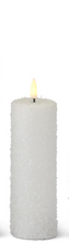 Load image into Gallery viewer, 3 Asst Size Slim White Snowy LED Pillar Candles With Timers
