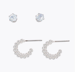 Silver Crystal Stud and Huggie Duo Earrings