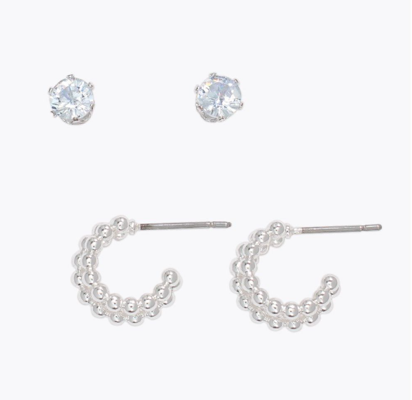 Silver Crystal Stud and Huggie Duo Earrings