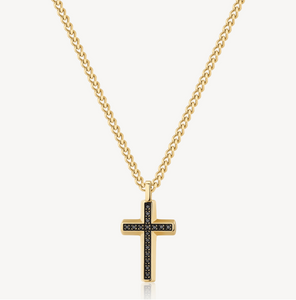 Stainless Steel Gold Cross Necklace Black Enamel Zircons by Brosway