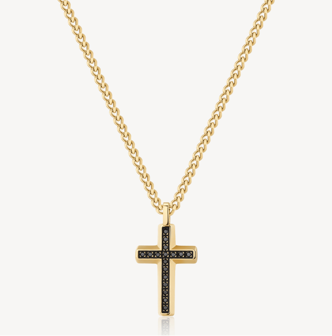 Stainless Steel Gold Cross Necklace Black Enamel Zircons by Brosway