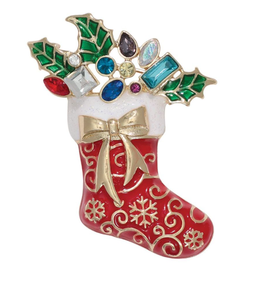 Stocking with Holly Pin / Brooch