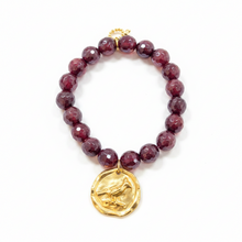 Load image into Gallery viewer, Sugar Plum Iridescent faceted Bracelet with Gold Artisan Cardinal Pendant
