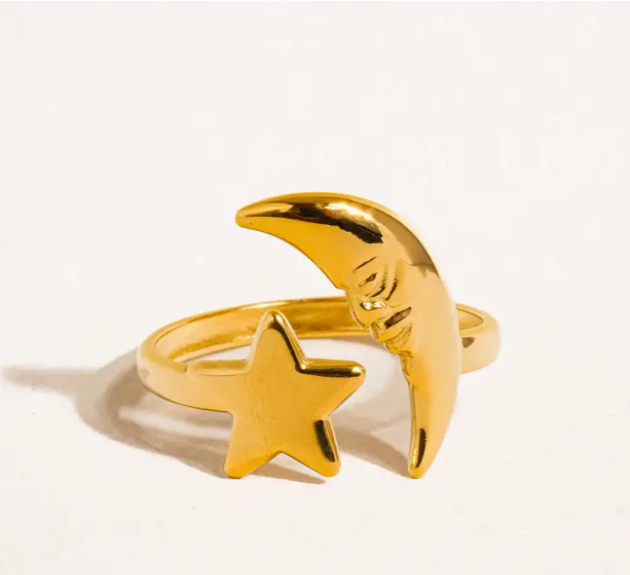Tasa 18K Gold Non-Tarnish Star and Moon Ring
