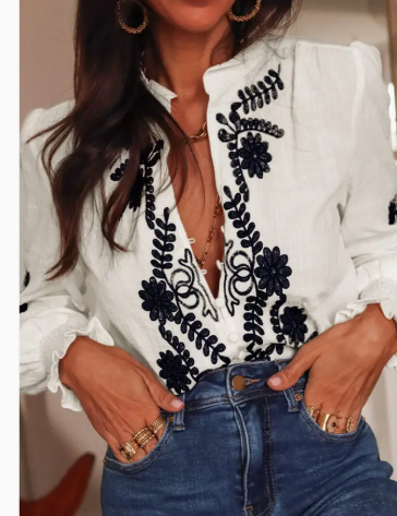 White Floral Embroidered Shirred Sleeve Elegant Shirt