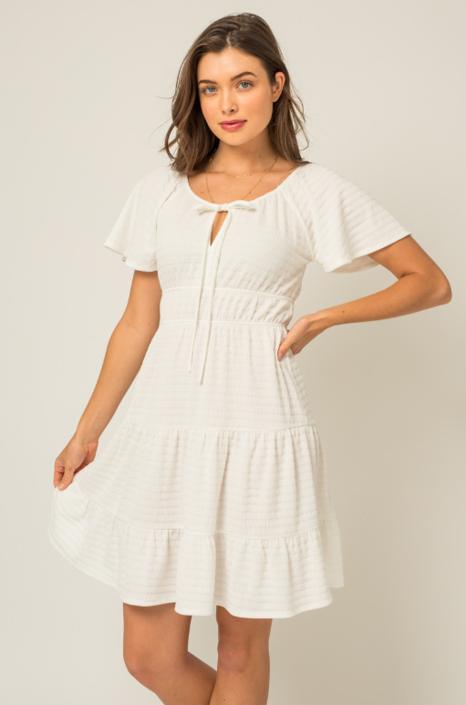 White Short Sleeve Shirring Dress
