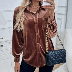 Women's Long Sleeve Velvet Cardigan Top Coffee Brown