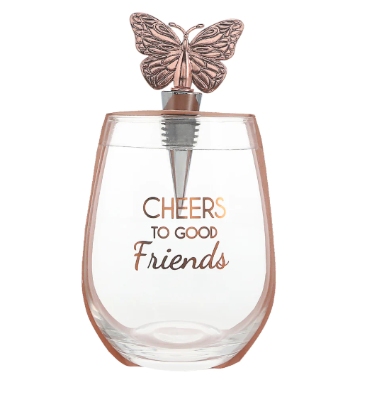 Cheers To Good Friends Bottle Stopper and 20oz Stemless Gift Set