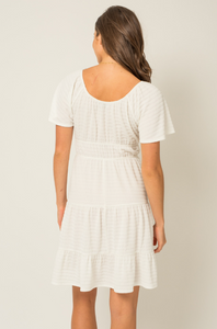 White Short Sleeve Shirring Dress