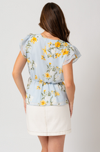 Load image into Gallery viewer, Blue &amp; Yellow Floral Self Tie Top with ruffle sleeves

