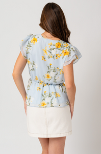 Blue & Yellow Floral Self Tie Top with ruffle sleeves