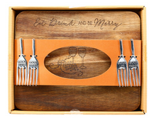 Load image into Gallery viewer, Eat Drink and be Merry - 9&quot; Acacia Cheese/Bread Board Set
