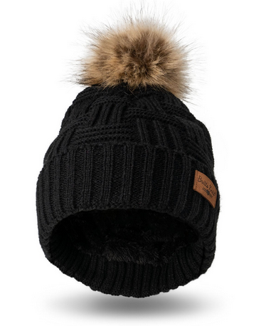 Plush Lined Knit Woven Pom Hat- Grey or Black