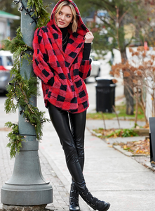 Faux Fur Jacket In Red Plaid - 50% OFF!