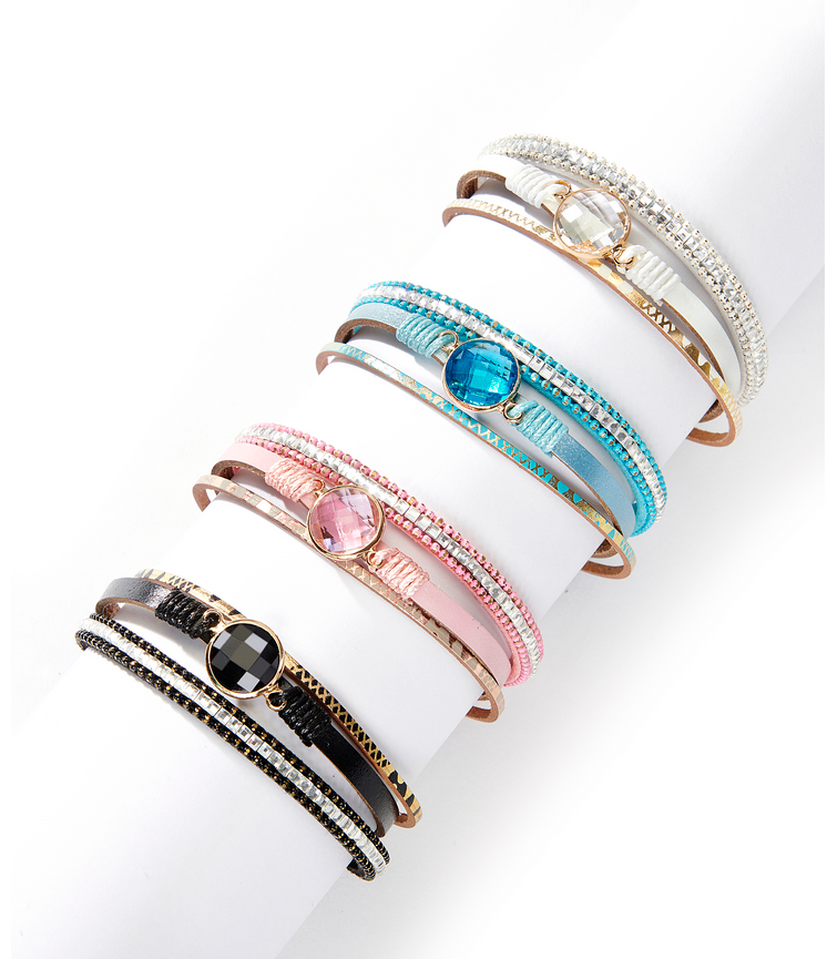 Leather Gemstone Bracelet- Assorted: Pink, Blue, White and Black