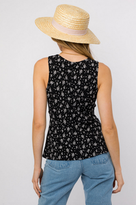Sleeveless Black & White Floral Front Twist Top