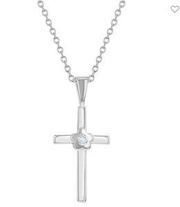 Girl's Flower CZ Sterling Silver Cross Necklace