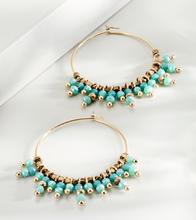 Load image into Gallery viewer, Assorted Stone Gold Hoop Earrings- Turquoise, Beige, and Grey
