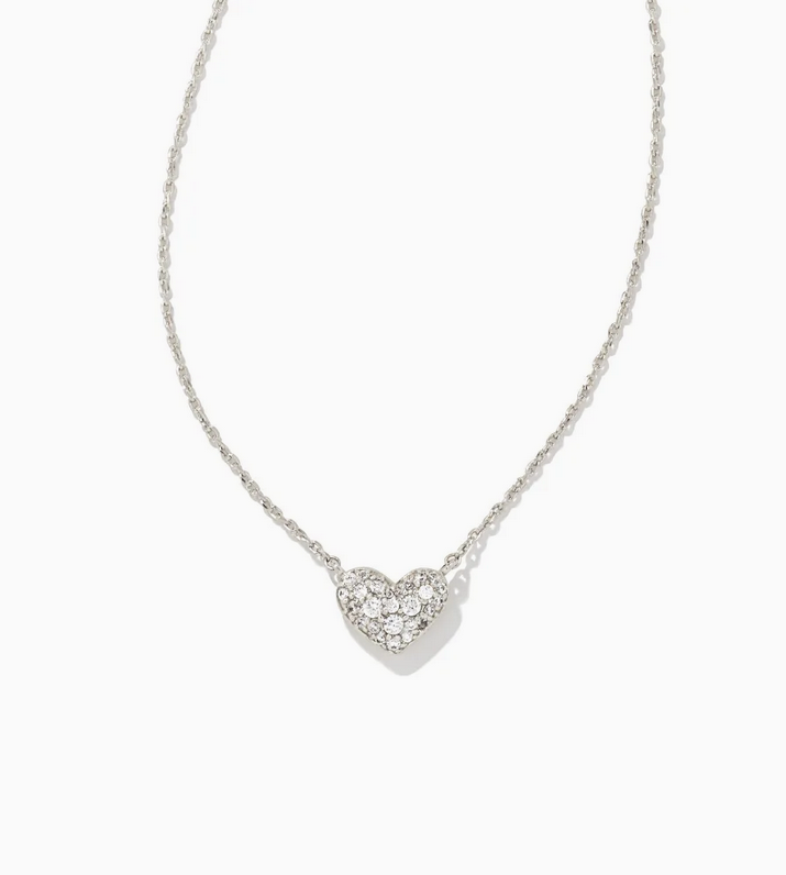 Kendra Scott Silver Ari Pave Crystal Heart Necklace In White Crystal