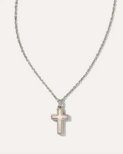 Kendra Scott Silver Cross Necklace In White Kyocera Opal