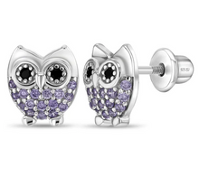 Load image into Gallery viewer, Girl&#39;s Sterling Silver Hoot CZ Owl Earrings
