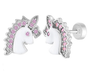 Girl's Sterling Silver CZ Unicorn Earrings