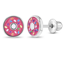 Load image into Gallery viewer, Girl&#39;s Sterling Silver Frosted with Sprinkles Donut Earrings
