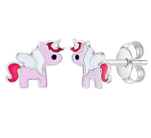 Load image into Gallery viewer, Girl&#39;s Sterling Silver Tiny Pink Unicorn Earrings

