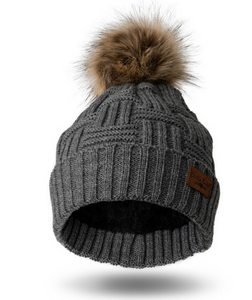 Plush Lined Knit Woven Pom Hat- Grey or Black