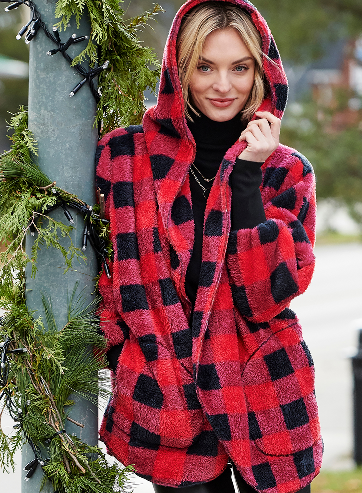 Faux Fur Jacket In Red Plaid - 50% OFF!