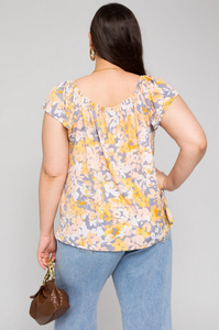 Plus Size Grey & Yellow Ruffle Sleeve Square Neck Floral Top