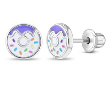 Load image into Gallery viewer, Girl&#39;s Sterling Silver Frosted with Sprinkles Donut Earrings
