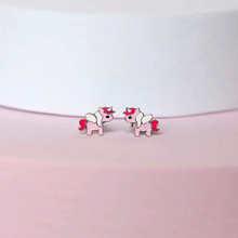 Load image into Gallery viewer, Girl&#39;s Sterling Silver Tiny Pink Unicorn Earrings
