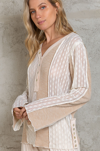 Beige Boho Henley Top with Lace
