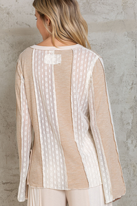 Beige Boho Henley Top with Lace